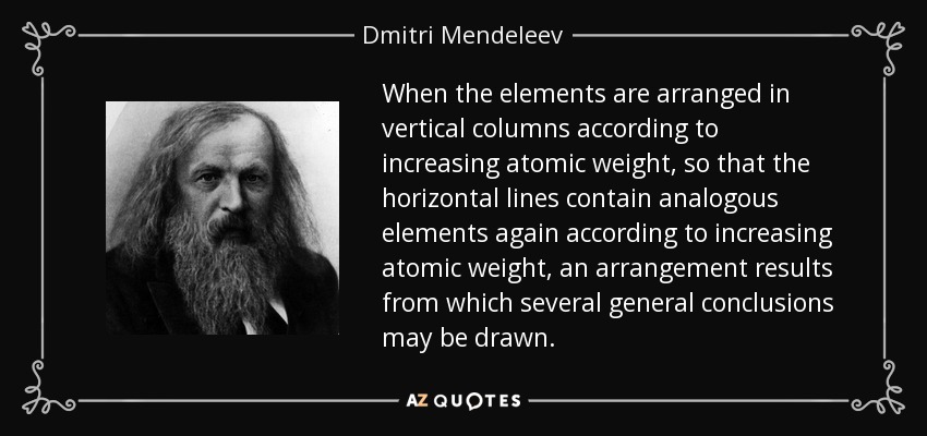 When the elements are arranged in vertical columns according to increasing atomic weight, so that the horizontal lines contain analogous elements again according to increasing atomic weight, an arrangement results from which several general conclusions may be drawn. - Dmitri Mendeleev