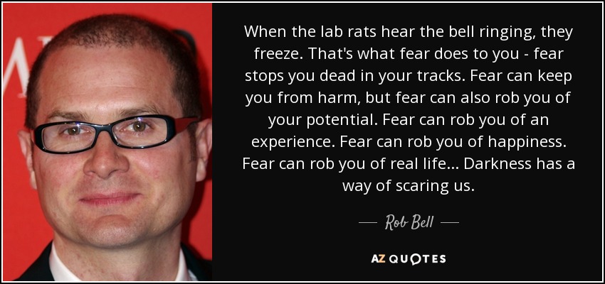 When the lab rats hear the bell ringing, they freeze. That's what fear does to you - fear stops you dead in your tracks. Fear can keep you from harm, but fear can also rob you of your potential. Fear can rob you of an experience. Fear can rob you of happiness. Fear can rob you of real life... Darkness has a way of scaring us. - Rob Bell