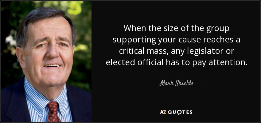 When the size of the group supporting your cause reaches a critical mass, any legislator or elected official has to pay attention. - Mark Shields