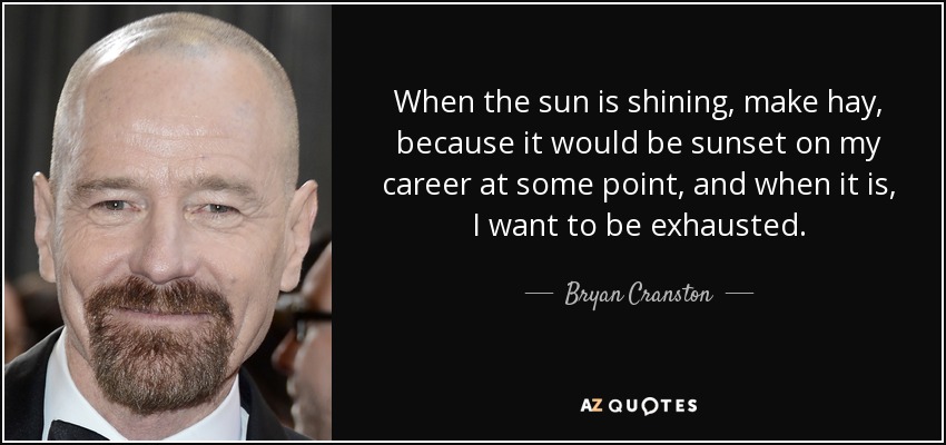 When the sun is shining, make hay, because it would be sunset on my career at some point, and when it is, I want to be exhausted. - Bryan Cranston