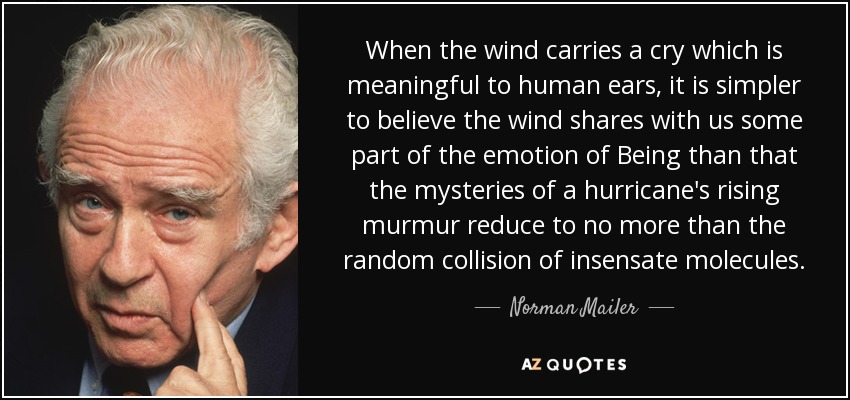 When the wind carries a cry which is meaningful to human ears, it is simpler to believe the wind shares with us some part of the emotion of Being than that the mysteries of a hurricane's rising murmur reduce to no more than the random collision of insensate molecules. - Norman Mailer
