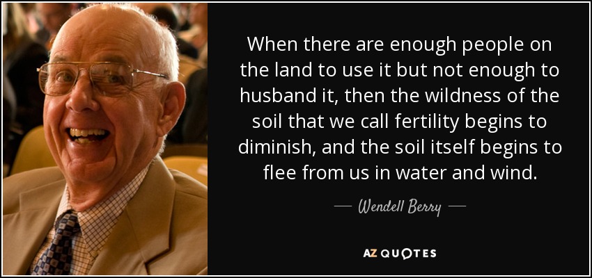 When there are enough people on the land to use it but not enough to husband it, then the wildness of the soil that we call fertility begins to diminish, and the soil itself begins to flee from us in water and wind. - Wendell Berry