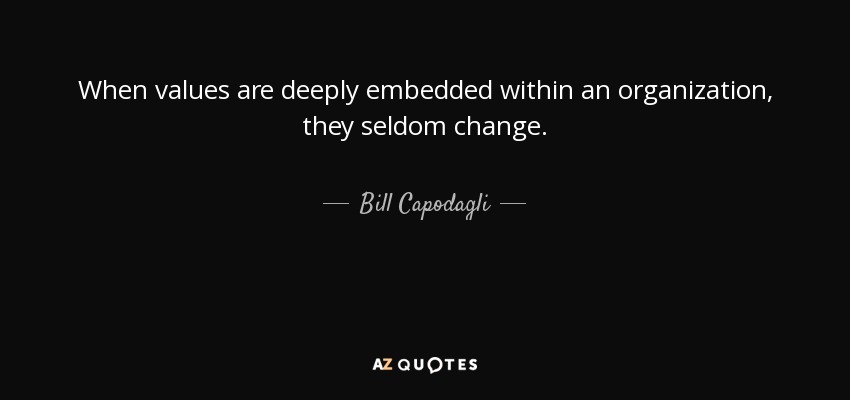 When values are deeply embedded within an organization, they seldom change. - Bill Capodagli