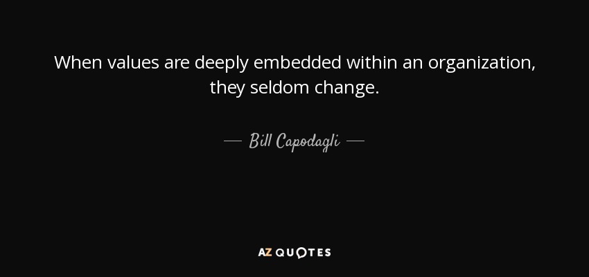 When values are deeply embedded within an organization, they seldom change. - Bill Capodagli