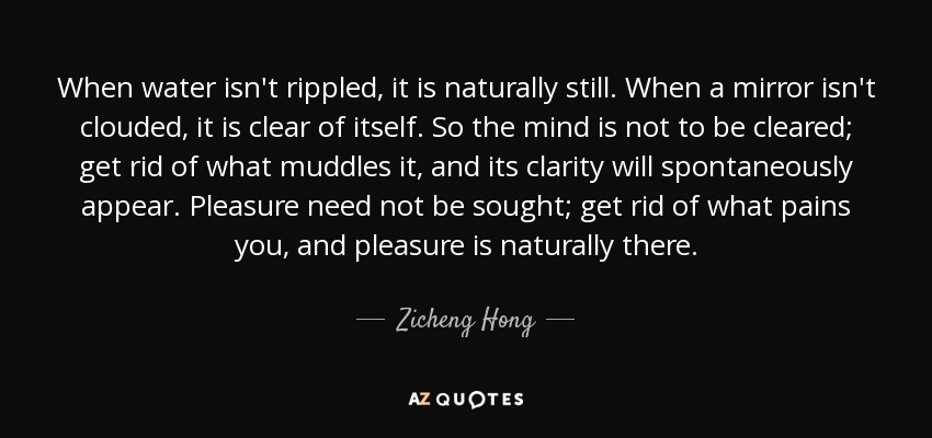 When water isn't rippled, it is naturally still. When a mirror isn't clouded, it is clear of itself. So the mind is not to be cleared; get rid of what muddles it, and its clarity will spontaneously appear. Pleasure need not be sought; get rid of what pains you, and pleasure is naturally there. - Zicheng Hong