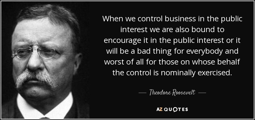 When we control business in the public interest we are also bound to encourage it in the public interest or it will be a bad thing for everybody and worst of all for those on whose behalf the control is nominally exercised. - Theodore Roosevelt