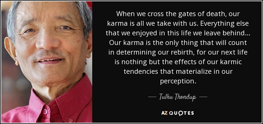 When we cross the gates of death, our karma is all we take with us. Everything else that we enjoyed in this life we leave behind... Our karma is the only thing that will count in determining our rebirth, for our next life is nothing but the effects of our karmic tendencies that materialize in our perception. - Tulku Thondup