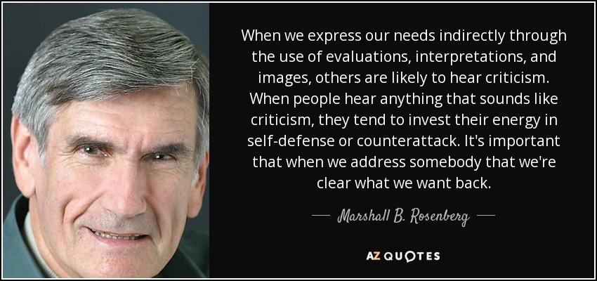 When we express our needs indirectly through the use of evaluations, interpretations, and images, others are likely to hear criticism. When people hear anything that sounds like criticism, they tend to invest their energy in self-defense or counterattack. It's important that when we address somebody that we're clear what we want back. - Marshall B. Rosenberg