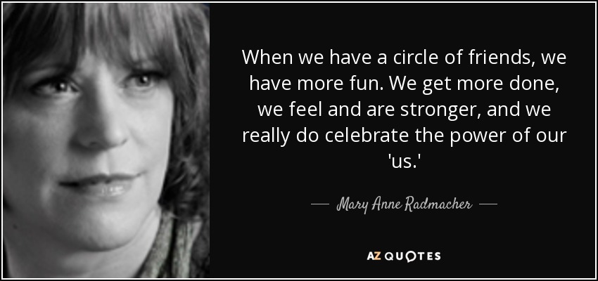 When we have a circle of friends, we have more fun. We get more done, we feel and are stronger, and we really do celebrate the power of our 'us.' - Mary Anne Radmacher