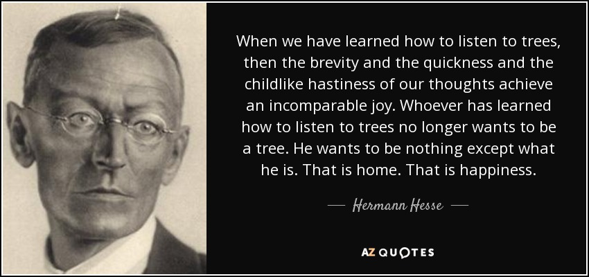 When we have learned how to listen to trees, then the brevity and the quickness and the childlike hastiness of our thoughts achieve an incomparable joy. Whoever has learned how to listen to trees no longer wants to be a tree. He wants to be nothing except what he is. That is home. That is happiness. - Hermann Hesse