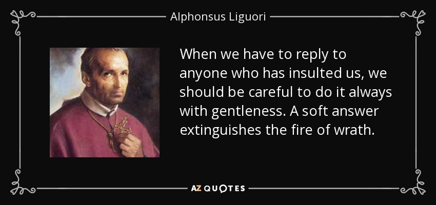 When we have to reply to anyone who has insulted us, we should be careful to do it always with gentleness. A soft answer extinguishes the fire of wrath. - Alphonsus Liguori