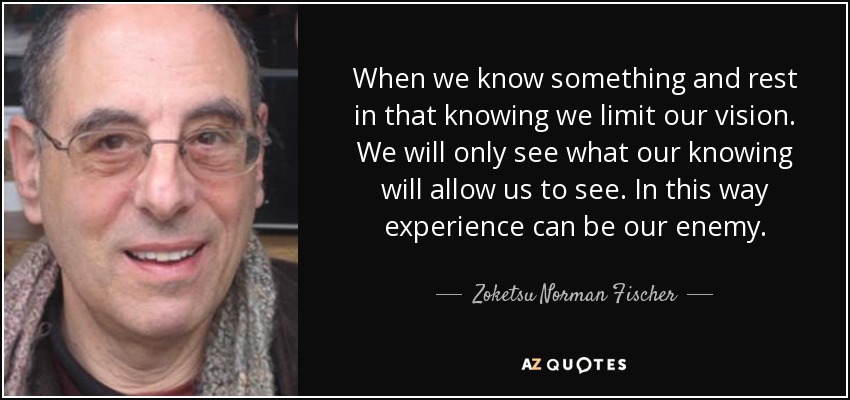 When we know something and rest in that knowing we limit our vision. We will only see what our knowing will allow us to see. In this way experience can be our enemy. - Zoketsu Norman Fischer