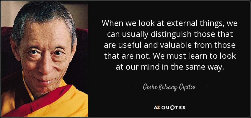 When we look at external things, we can usually distinguish those that are useful and valuable from those that are not. We must learn to look at our mind in the same way. - Geshe Kelsang Gyatso