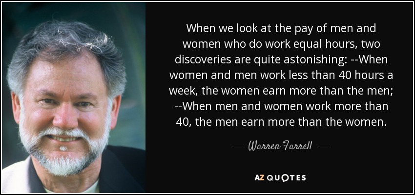 When we look at the pay of men and women who do work equal hours, two discoveries are quite astonishing: --When women and men work less than 40 hours a week, the women earn more than the men; --When men and women work more than 40, the men earn more than the women. - Warren Farrell