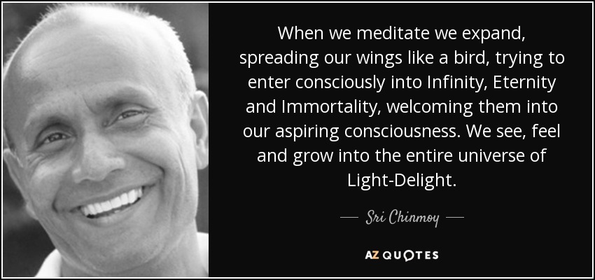 When we meditate we expand, spreading our wings like a bird, trying to enter consciously into Infinity, Eternity and Immortality, welcoming them into our aspiring consciousness. We see, feel and grow into the entire universe of Light-Delight. - Sri Chinmoy