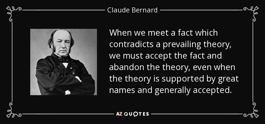 When we meet a fact which contradicts a prevailing theory, we must accept the fact and abandon the theory, even when the theory is supported by great names and generally accepted. - Claude Bernard