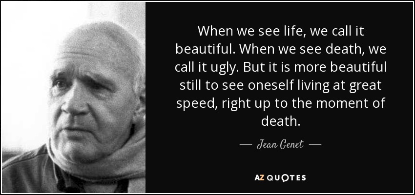 When we see life, we call it beautiful. When we see death, we call it ugly. But it is more beautiful still to see oneself living at great speed, right up to the moment of death. - Jean Genet