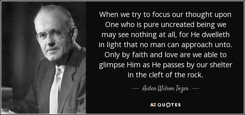 When we try to focus our thought upon One who is pure uncreated being we may see nothing at all, for He dwelleth in light that no man can approach unto. Only by faith and love are we able to glimpse Him as He passes by our shelter in the cleft of the rock. - Aiden Wilson Tozer