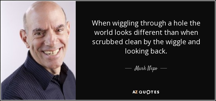 When wiggling through a hole the world looks different than when scrubbed clean by the wiggle and looking back. - Mark Nepo