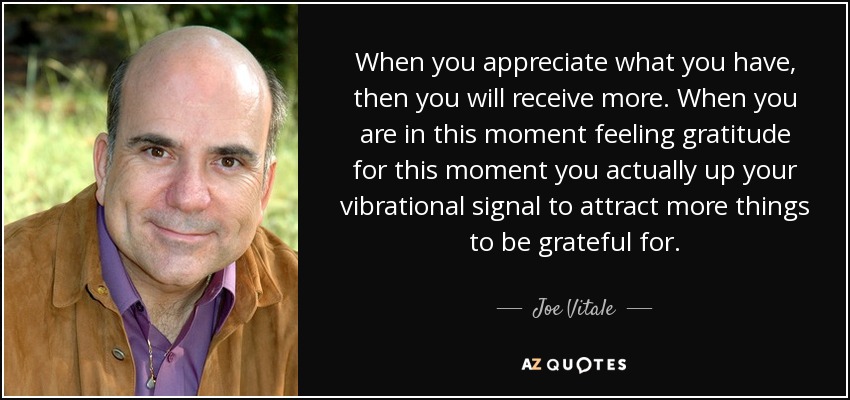 When you appreciate what you have, then you will receive more. When you are in this moment feeling gratitude for this moment you actually up your vibrational signal to attract more things to be grateful for. - Joe Vitale