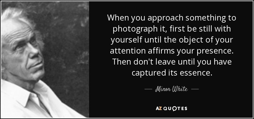 When you approach something to photograph it, first be still with yourself until the object of your attention affirms your presence. Then don't leave until you have captured its essence. - Minor White
