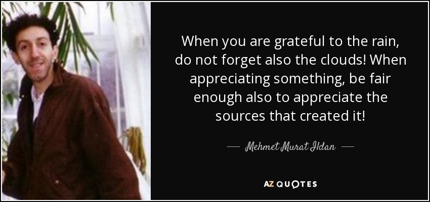 When you are grateful to the rain, do not forget also the clouds! When appreciating something, be fair enough also to appreciate the sources that created it! - Mehmet Murat Ildan