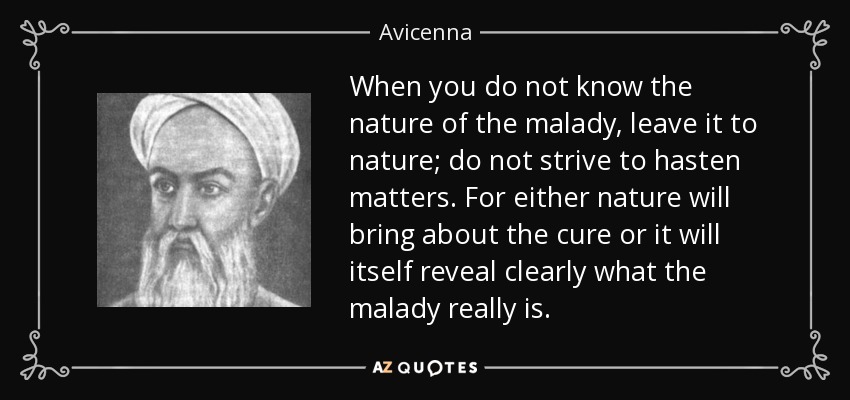 When you do not know the nature of the malady, leave it to nature; do not strive to hasten matters. For either nature will bring about the cure or it will itself reveal clearly what the malady really is. - Avicenna
