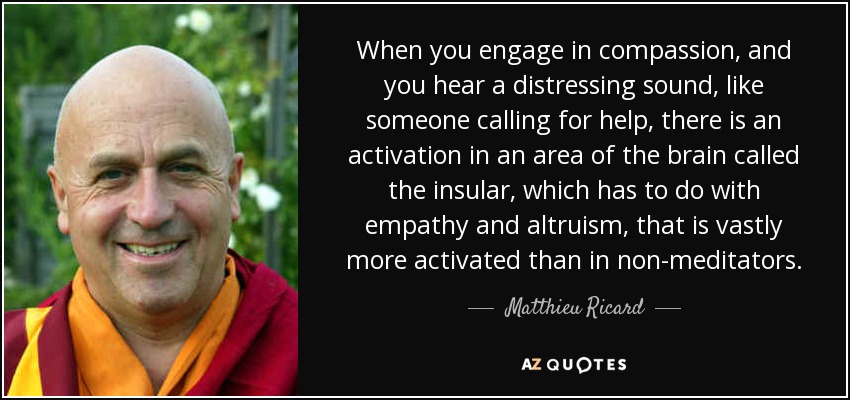 When you engage in compassion, and you hear a distressing sound, like someone calling for help, there is an activation in an area of the brain called the insular, which has to do with empathy and altruism, that is vastly more activated than in non-meditators. - Matthieu Ricard
