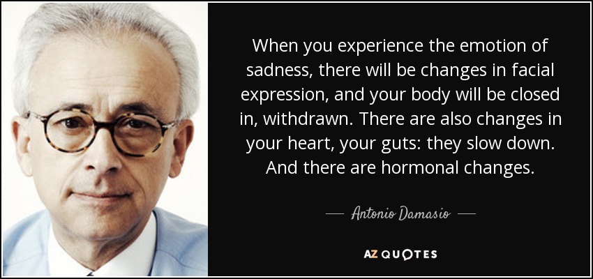 When you experience the emotion of sadness, there will be changes in facial expression, and your body will be closed in, withdrawn. There are also changes in your heart, your guts: they slow down. And there are hormonal changes. - Antonio Damasio