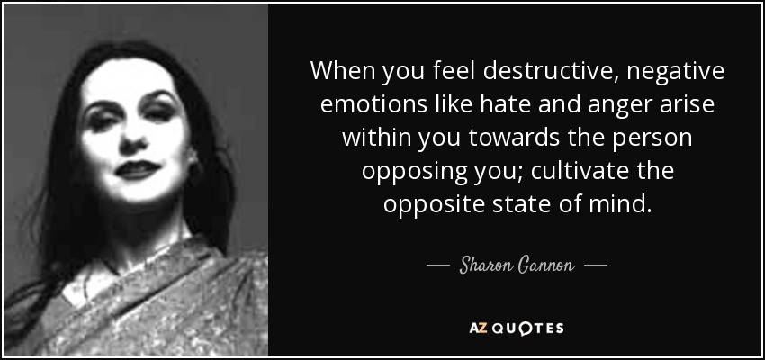 When you feel destructive, negative emotions like hate and anger arise within you towards the person opposing you; cultivate the opposite state of mind. - Sharon Gannon