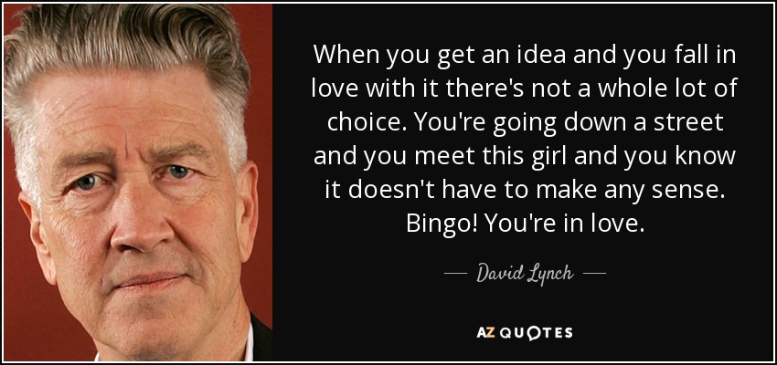 When you get an idea and you fall in love with it there's not a whole lot of choice. You're going down a street and you meet this girl and you know it doesn't have to make any sense. Bingo! You're in love. - David Lynch