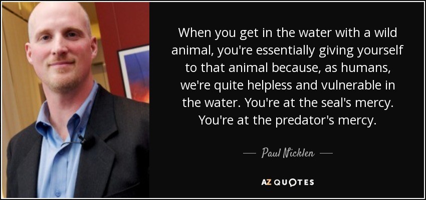 When you get in the water with a wild animal, you're essentially giving yourself to that animal because, as humans, we're quite helpless and vulnerable in the water. You're at the seal's mercy. You're at the predator's mercy. - Paul Nicklen