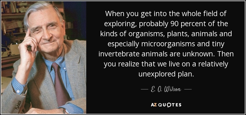 When you get into the whole field of exploring, probably 90 percent of the kinds of organisms, plants, animals and especially microorganisms and tiny invertebrate animals are unknown. Then you realize that we live on a relatively unexplored plan. - E. O. Wilson