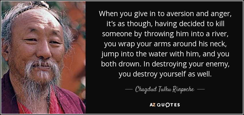 When you give in to aversion and anger, it’s as though, having decided to kill someone by throwing him into a river, you wrap your arms around his neck, jump into the water with him, and you both drown. In destroying your enemy, you destroy yourself as well. - Chagdud Tulku Rinpoche