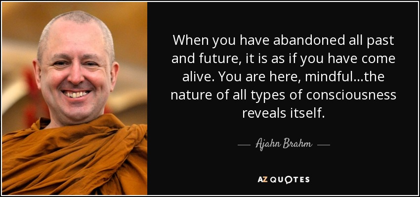 When you have abandoned all past and future, it is as if you have come alive. You are here, mindful...the nature of all types of consciousness reveals itself. - Ajahn Brahm