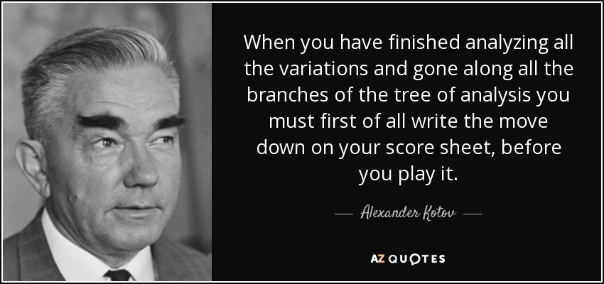 When you have finished analyzing all the variations and gone along all the branches of the tree of analysis you must first of all write the move down on your score sheet, before you play it. - Alexander Kotov