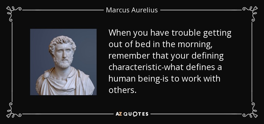 When you have trouble getting out of bed in the morning, remember that your defining characteristic-what defines a human being-is to work with others. - Marcus Aurelius
