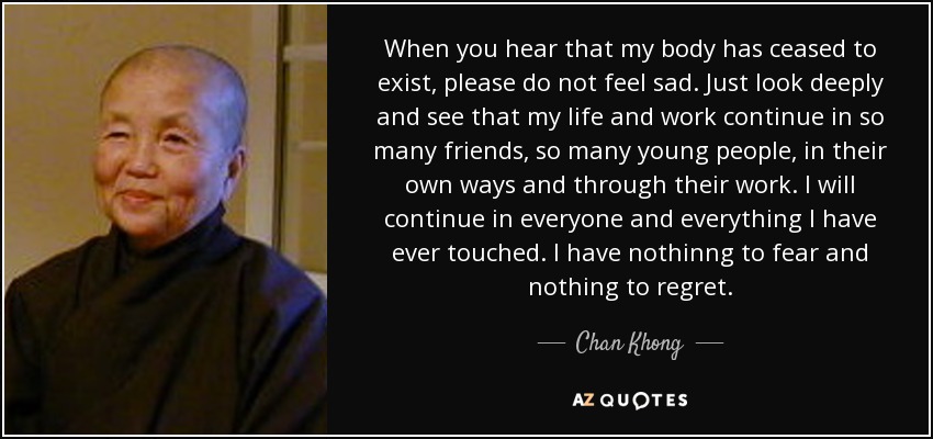 When you hear that my body has ceased to exist, please do not feel sad. Just look deeply and see that my life and work continue in so many friends, so many young people, in their own ways and through their work. I will continue in everyone and everything I have ever touched. I have nothinng to fear and nothing to regret. - Chan Khong