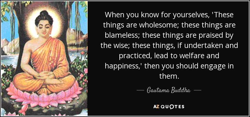When you know for yourselves, 'These things are wholesome; these things are blameless; these things are praised by the wise; these things, if undertaken and practiced, lead to welfare and happiness,' then you should engage in them. - Gautama Buddha