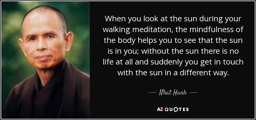 When you look at the sun during your walking meditation, the mindfulness of the body helps you to see that the sun is in you; without the sun there is no life at all and suddenly you get in touch with the sun in a different way. - Nhat Hanh