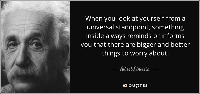 When you look at yourself from a universal standpoint, something inside always reminds or informs you that there are bigger and better things to worry about. - Albert Einstein