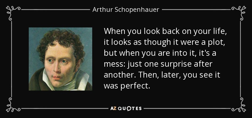 When you look back on your life, it looks as though it were a plot, but when you are into it, it's a mess: just one surprise after another. Then, later, you see it was perfect. - Arthur Schopenhauer