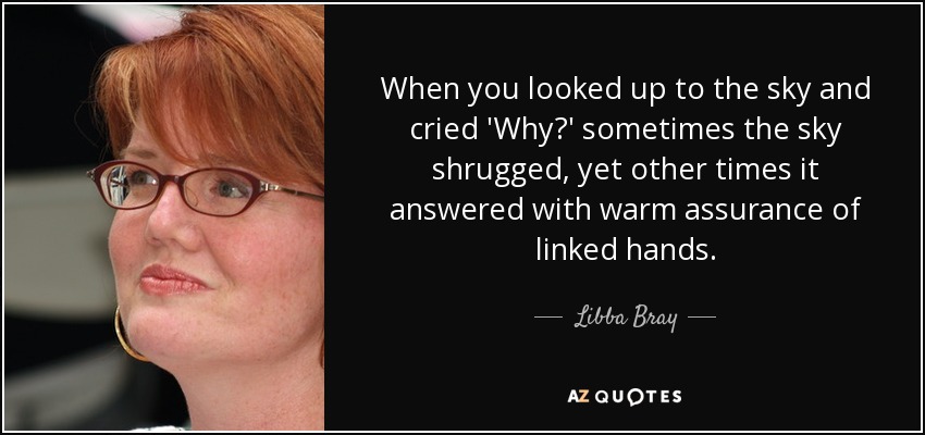 When you looked up to the sky and cried 'Why?' sometimes the sky shrugged, yet other times it answered with warm assurance of linked hands. - Libba Bray