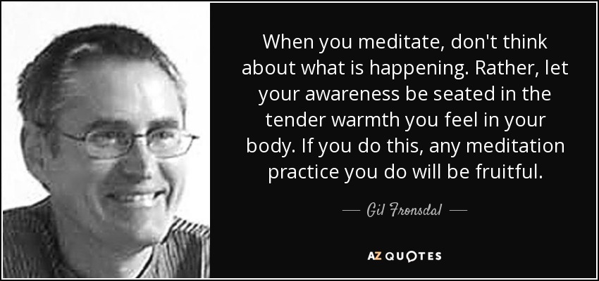 When you meditate, don't think about what is happening. Rather, let your awareness be seated in the tender warmth you feel in your body. If you do this, any meditation practice you do will be fruitful. - Gil Fronsdal