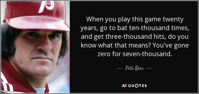 When you play this game twenty years, go to bat ten-thousand times, and get three-thousand hits, do you know what that means? You've gone zero for seven-thousand. - Pete Rose