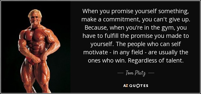 When you promise yourself something, make a commitment, you can't give up. Because, when you're in the gym, you have to fulfill the promise you made to yourself. The people who can self motivate - in any field - are usually the ones who win. Regardless of talent. - Tom Platz