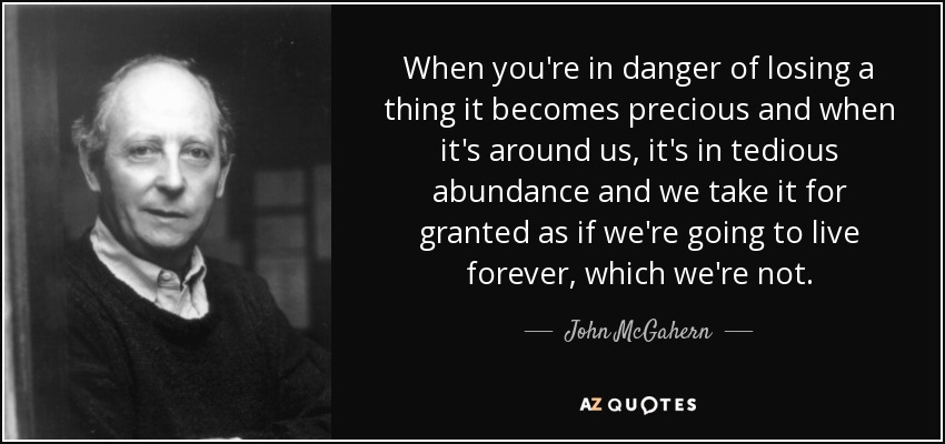 When you're in danger of losing a thing it becomes precious and when it's around us, it's in tedious abundance and we take it for granted as if we're going to live forever, which we're not. - John McGahern