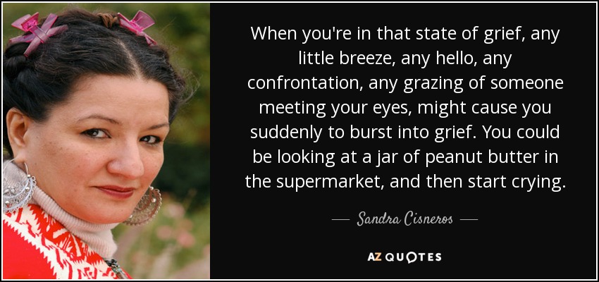 When you're in that state of grief, any little breeze, any hello, any confrontation, any grazing of someone meeting your eyes, might cause you suddenly to burst into grief. You could be looking at a jar of peanut butter in the supermarket, and then start crying. - Sandra Cisneros