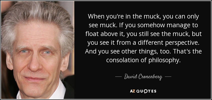 When you're in the muck, you can only see muck. If you somehow manage to float above it, you still see the muck, but you see it from a different perspective. And you see other things, too. That's the consolation of philosophy. - David Cronenberg