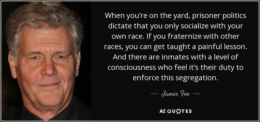When you're on the yard, prisoner politics dictate that you only socialize with your own race. If you fraternize with other races, you can get taught a painful lesson. And there are inmates with a level of consciousness who feel it's their duty to enforce this segregation. - James Fox